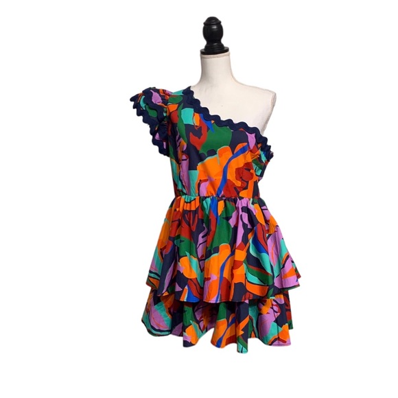 PEACE LOVE CALIFORNIA ADDIE ABSTRACT ONE SHOULDER TIERED MULTICOLOR MINI DRESS - Picture 15 of 16
